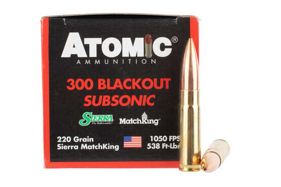 Atomic Ammunition 300 blackout subsonic ammunition is loaded with a 220 Sierra MatchKing bullet